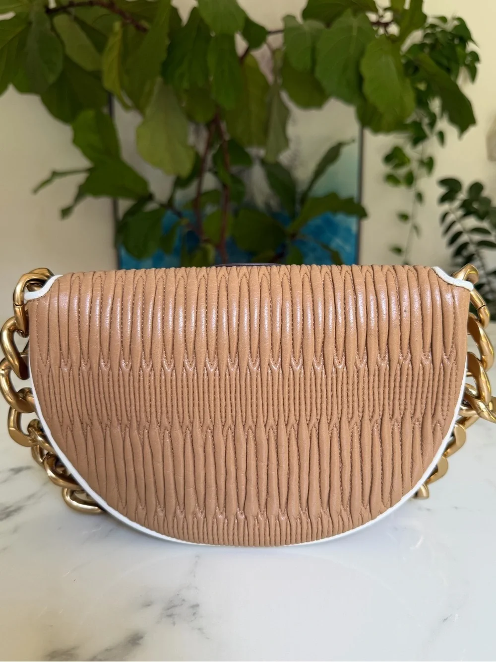 Tory Burch Fleming Soft Pleated Mini Crescent Bag Dusty Almond Leather w/ Chain